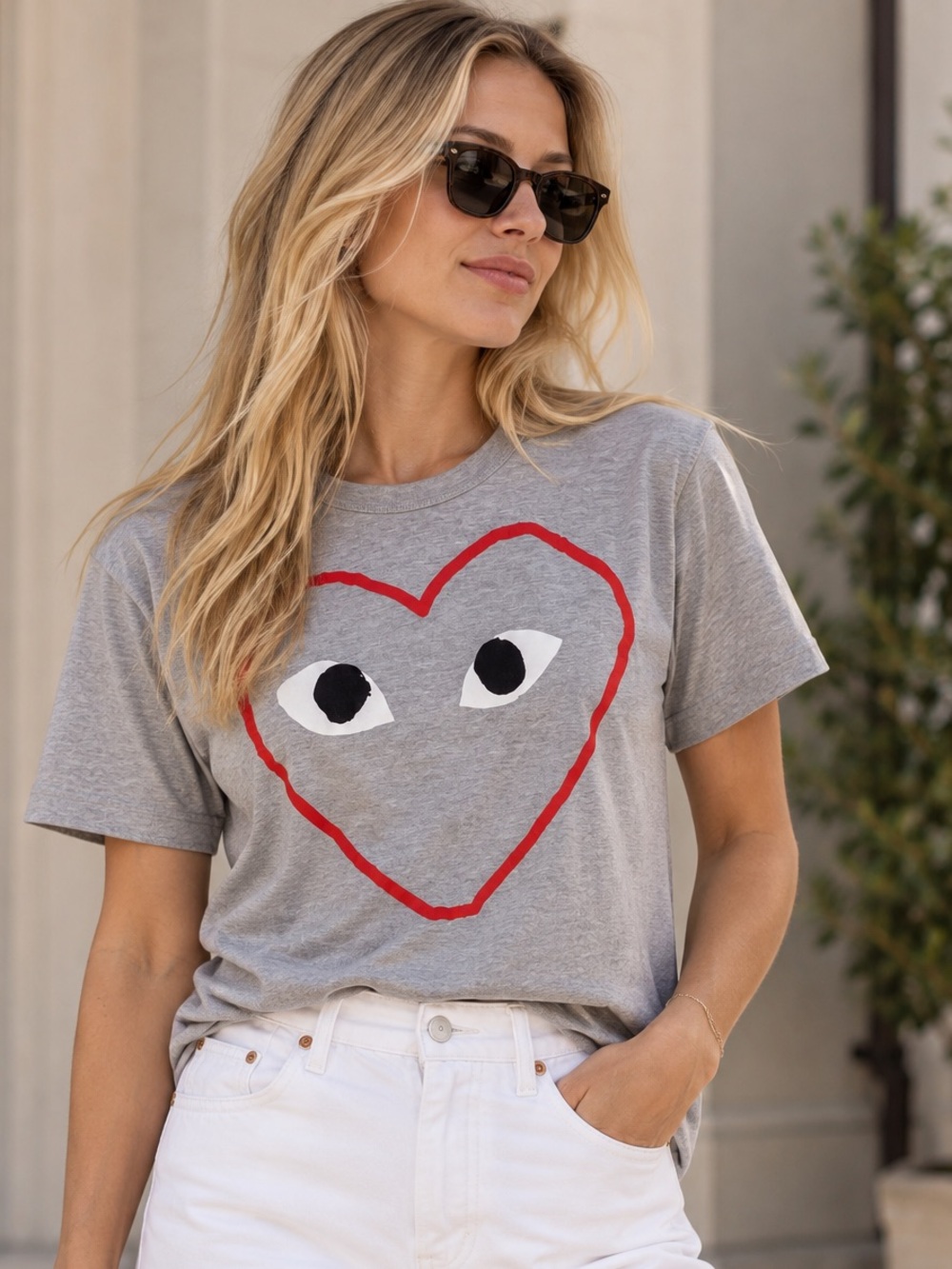 Comme des Garcons PLAY Grey Tee with Red Heart and White Eyes